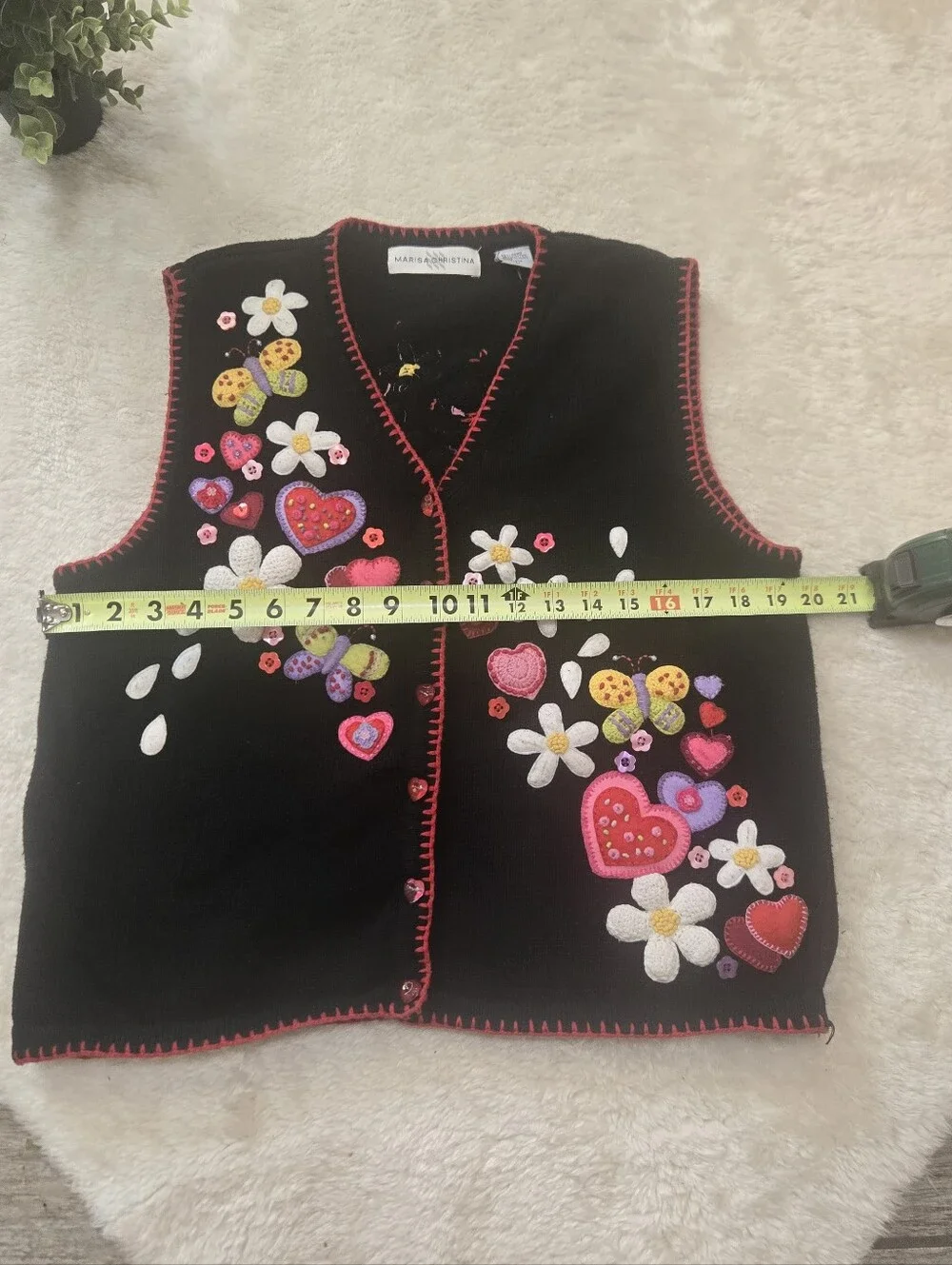 Marisa Christina Black Knit Floral Butterfly Hearts Cottagecore Artsy Vest, M